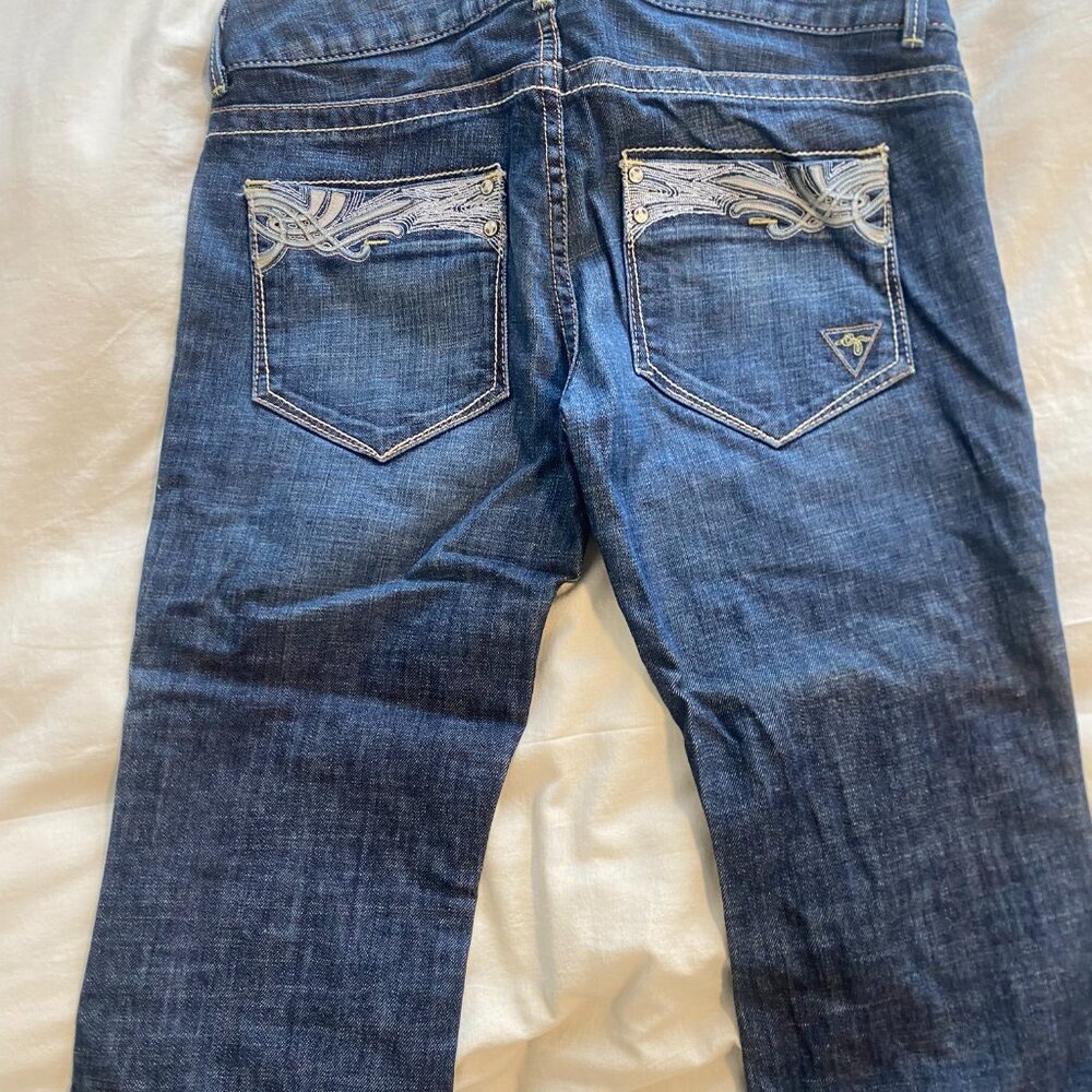 Vtg Guess Premium Y2K Denim Flare Leg Dark Wash Mid Rise Low Rise Jeans Size 31 - Picture 9 of 16